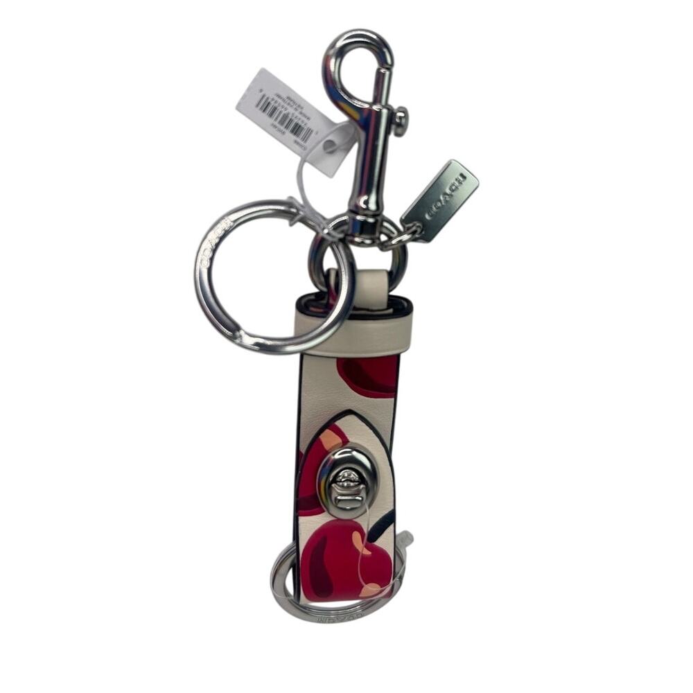 Coach Trigger Snap Bag Charm With Cherry Print Keychain Silver/Chalk Multi